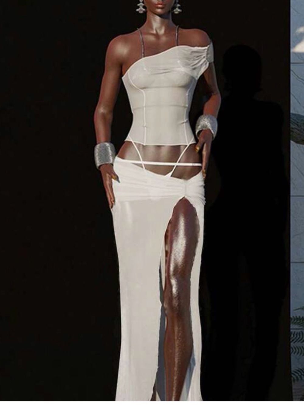 White Asymmetric Corset Top & High-Slit Maxi Skirt Set